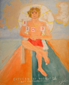 Citizen of World III, by Tennessee Williams (1970s), oil on canvas board. On loan from David Wolkowsky. The young man depicted in this painting is symbolic of Williams' acceptance about becoming a target due to his sexuality.