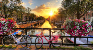 Beautiful spring sunrise viewed from one of Amsterdam’s many bridges