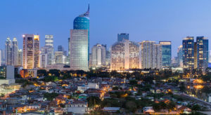 Jakarta downtown skyline with high-rise buildings at sunset