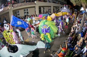 Costumed revelers help kick off the Fantasy Fest Parade Saturday, Oct. 28, 2017, in Key West, Fla. The extravaganza was the highlight event of the 10-day Fantasy Fest masking and costuming festival that ends Sunday, Oct. 29. The parade, that attracted tens of thousands of partiers, occurred about seven weeks after Hurricane Irma passed through the Florida Keys.