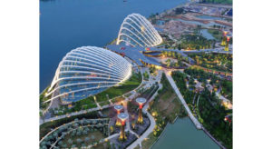 Aerial view of the Cloud Forest and Flower Dome conservatories at Gardens by the Bay