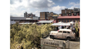 Rooftop bar with an old car in Arts on Main, Maboneng Precinct