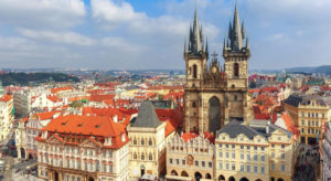 Aerial view over Church of Our Lady Before Tyn at Old Town Square