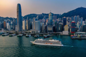 The Viking Sun cruising Victoria Harbor, Hong Kong, China.