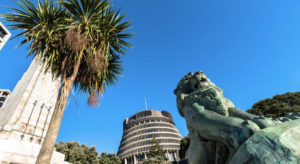 The Beehive Executive Wing of Parliament and a lion sculpture