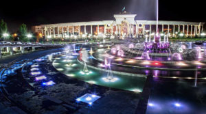 Beautiful view of the glowing Fountain in Dendra Park, Almaty