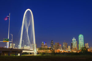 A city full of different designs and architectures reminiscent of different eras, The Margaret Hunt Hill Bridge is a cable-stayed bridge that dominates the Dallas skyline.