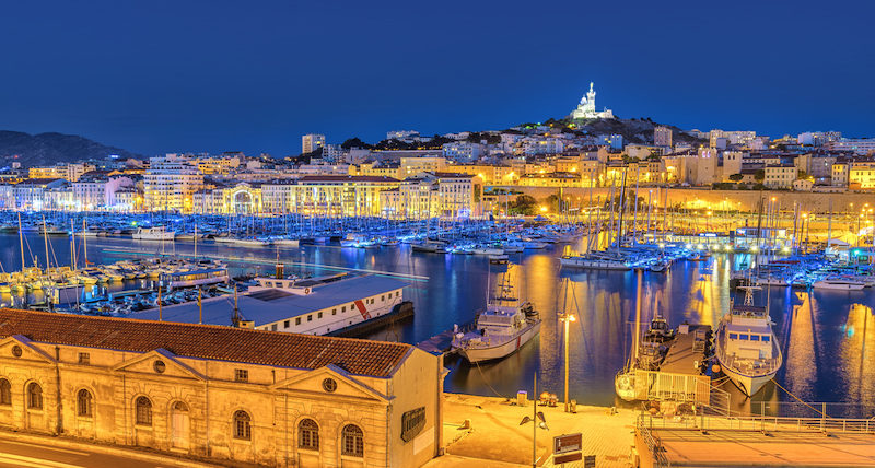 Marseille night city skyline at harbour, Marseille, France