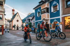 Bicycles on pedestrian area of Ortisei town in North of Italy.