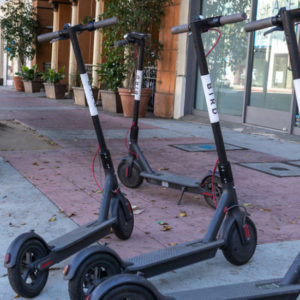 Bird Scooters parked on the sidewalk