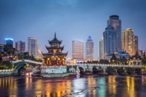 Guiyang, China skyline at Jiaxiu Pavilion on the Nanming River.