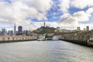 Embarcadero at Fisherman's wharf and Coit tower in San Francisco, California