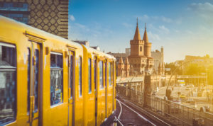 U-Bahn with Oberbaum Bridge at sunset, Berlin Friedrichshain