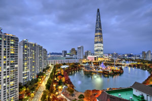 The tallest building in Seoul, South Korea at the blue hour