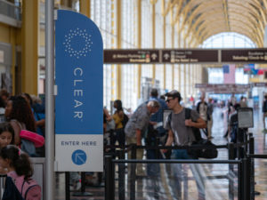 CLEAR, airport line shortcut service, line at TSA security checkpoint at Reagan National Airport