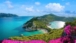 A view of Porto Timoni Beach, Corfu, Greece.