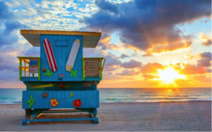 Miami South Beach sunrise with lifeguard tower.