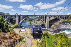 Numerica Skyride at Riverfront Park takes passengers on a 15-minute aerial ride through downtown Spokane, passing City Hall, Huntington Park Natural Area, Spokane Falls and the historic Monroe Street.